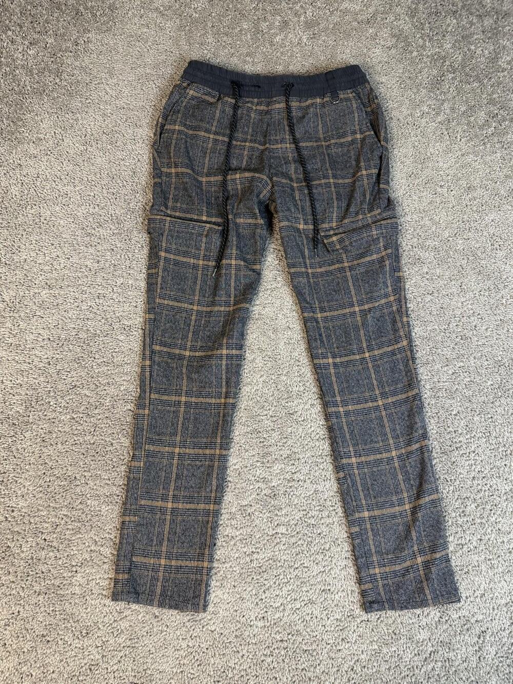 PacSun Pants Mens Small Gray Plaid Cargo Slim Tweed Drawstring Pockets 30x29